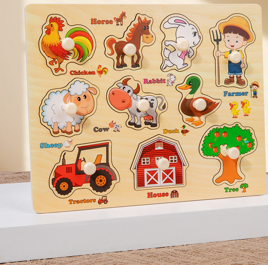 Wooden Puzzle Board for Toddlers - Early Learning Shape Sorter & Hand-Eye Coordination Toy for Kids 3+, Educational & Durable【Farmhouse Style】