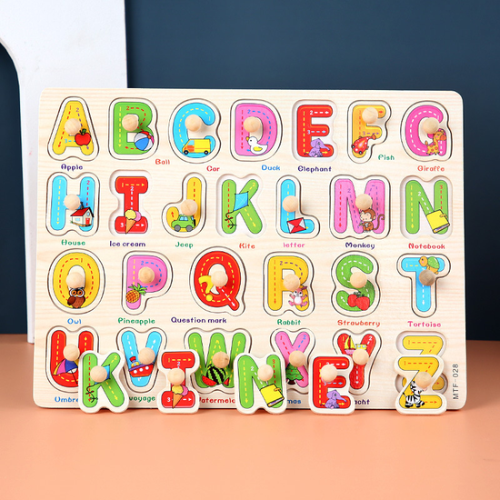 Toddler Wooden Peg Puzzle — An educational and entertaining matching toy featuring letters, numbers, shapes, and everyday objects; an early learning and developmental toy suitable for children aged 3 and up【letters Style】
