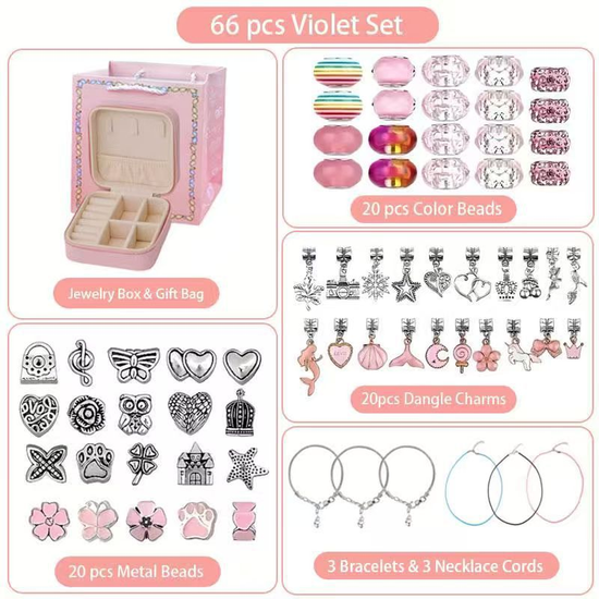 66-Piece Pink Gift Bag Craft Set (Includes Beads, Charms, and Storage Case) -Kids&