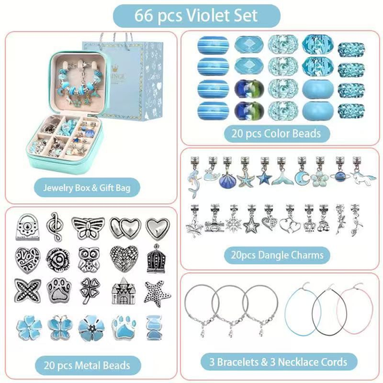 66-Piece Blue Gift Bag Craft Set (Includes Beads, Charms, and Storage Case) -Kids&
