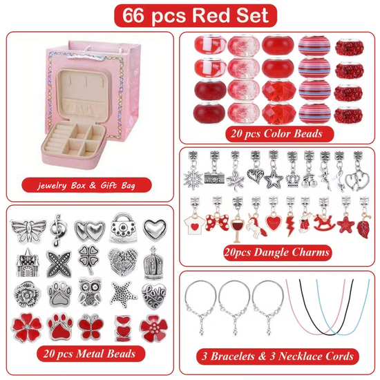 66-Piece Red Gift Bag Craft Set (Includes Beads, Charms, and Storage Case) -Kids&