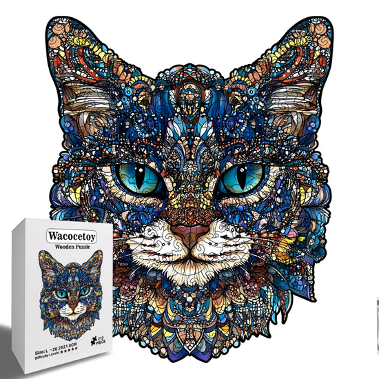 L Style Blue-Eyed Cat Wooden Jigsaw Puzzle -Irregular Animal Shaped Puzzle, Laser Cut 3D Craft, Stress Relief Brain Game Gift for Adults 14+