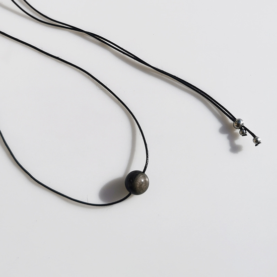 Vintage Geometric Natural Stone Bead Pendant Necklace Adjustable Black Rope Collarbone Chain Unisex Boho Jewelry Gift-Silver Obsidian