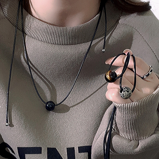 Vintage Geometric Natural Stone Bead Pendant Necklace Adjustable Black Rope Collarbone Chain Unisex Boho Jewelry Gift-Silver Obsidian