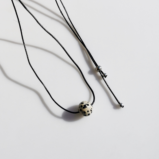 Vintage Geometric Natural Stone Bead Pendant Necklace Adjustable Black Rope Collarbone Chain Unisex Boho Jewelry Gift-Spotted Stone