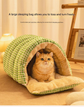 M size Green Plaid Cat Cave Bed Winter Warm Enclosed Pet House Cozy Cat Sleeping Bag Semi-Enclosed Cat Nest Small Dog Bed PP Cotton Filling Washable Pet Supplies