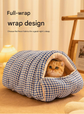 M size Orange Plaid Cat Cave Bed Winter Warm Enclosed Pet House Cozy Cat Sleeping Bag Semi-Enclosed Cat Nest Small Dog Bed PP Cotton Filling Washable Pet Supplies
