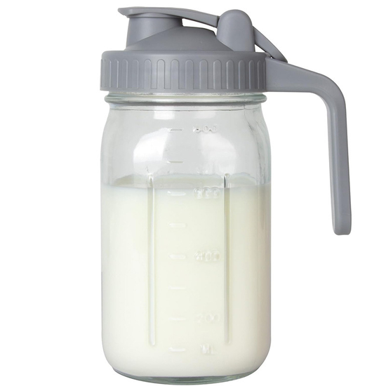 Grey Glass Mason Jar Pitcher 32oz with Flip Lid Pour Spout Milk Jug Leak-Proof Airtight Seal Wide Mouth Beverage Container Cold Brew Coffee Iced Tea Juice Milk Dispenser Fridge Storage