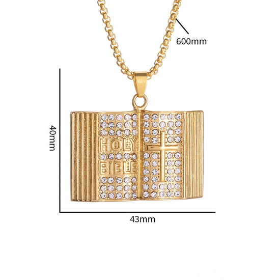 Steel-colored Vintage Holy Bible Book Pendant Necklace -  Plated Alloy Cross Scripture Book Pendant with Crystal Rhinestones-Gift for Men and Women