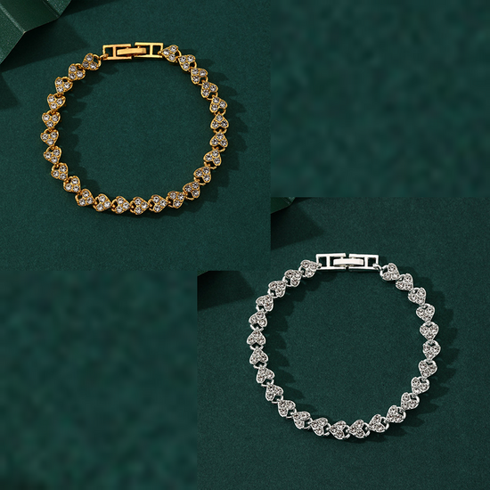 2-piece Aureate and  Silvery Luxury Crystal Heart Tennis Bracelet - European Roman Style Pave CZ Diamond Link Chain - Elegant Gold Silver Rose Gold Plated Fashion Jewelry for Women