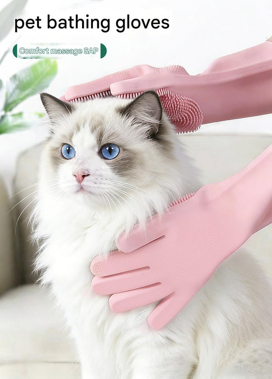 Blue Silicone Pet Bathing Gloves - Pink Double-Sided Design for Cats and Dogs - Gentle Massage, Easy Lather, Durable and Waterproof, Ideal for Pet Grooming and Home Use