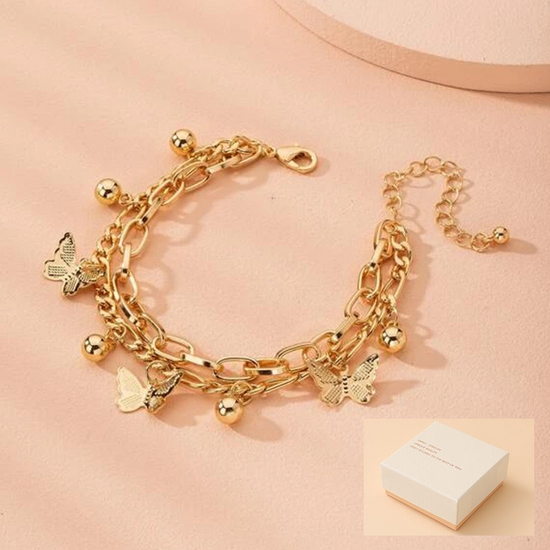 Aureate Butterfly Charm Layered Chain Bracelet - Gold and Silver Alloy Finish - Adjustable Double Strand Design, Lightweight Everyday Wear, Gift Ready，Gift Box Set