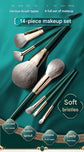 14-Piece Green Brush Storage BagSynthetic Fibre Makeup Brush Set - Soft Bristles, Long Handles, Complete Face and Eye Kit, Beginner Friendly Beauty Tools for Foundation, Blush, and Eyeshadow Application