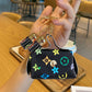 Black Cute Mini PU Leather Coin Pouch with Tassel Keychain - Printed Pattern Earphone Holder, Small Key Bag for Women, Lightweight Everyday Accessory
