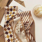 2-piece Coffee Geometric and Stripes French Style Long Silk Scarf - Coffee  Print - Versatile Skinny Neck Ribbon, Hair Tie, Bag Handle Accessory, Elegant Office Wear, Lightweight Polyester