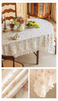 cream-colored 135*135 Dimensions include lace French Vintage Tablecloth - Pearl Yarn Polyester with Pleated Ruffle Edge - Floral Print Table Cover for Dining, Coffee Table, Bedside, Home Decor, Party, Gift Ready