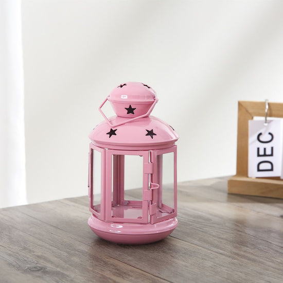 Pink European Style Star Cutout Metal Candle Lantern - Handcrafted Iron & Glass Decorative Lamp for Christmas, Home, Wedding, Party Easy to carry - Perfect for Living Room, Bedroom, Study