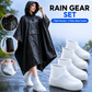 3-in-1 Black Camping Rain Poncho / Outdoor Shelter Tarp / Ground Sheet (82.7 x 55 inch) with 2 Pairs Rain Shoe Covers - Large Backpack Coverage, Drawstring Hood and Carry Bag for Hiking Trekking Cycling Use