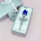 2 Set of Blue Crystal Rose Flower with Silver Gift Box and Silver Plated Stem Leaf – Elegant Crystal & Metal Rose Ornament | Wedding Party Gift, Valentine&