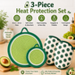 3-Piece Avocado Inspired Kitchen Heat Resistant Set with 18cm & 30cm Round Cotton Rope Woven Trivets + 1 Pair Duckbill Oven Mitt - Foldable Table Protection Mats and Green Polka Dot Cooking Gloves, Perfect for Home Baking and Cooking Lover