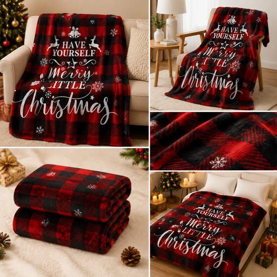 Christmas Home Comfort Set with Flannel Throw Blanket 130x150cm, Plush Indoor Slippers AU 8-9 and Santa Curtain Tiebacks, Cozy Holiday Gift Bundle