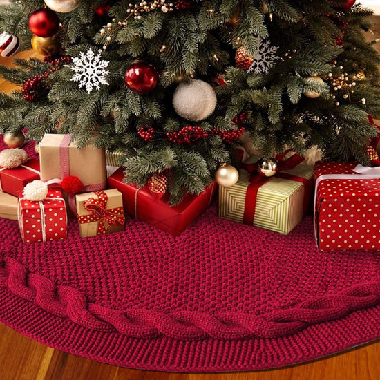 Knitted Christmas Tree Skirt 48 Inch Red Round Tree Base Cover with Cable Knit Border Soft Holiday Tree Skirt Rustic Christmas Decor for Home Fireplace Party Festive Gift Display