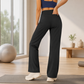 Black Womens High Waist Straight Leg Yoga Pants (M size)- Loose Fit Full Length Activewear with Rear Waistband Pocket for Pilates, Studio and Everyday Wear