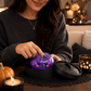 (Purple Crystal Buns) Halloween Slow-Rebound Soft Mini Bread Toy, 8.5cm, Stress-Relieving Squeeze Toy, Soft Food-Shaped Sensory Decompression Toy, with Storage Basket, Suitable for Teenagers and Adults, Party Gift