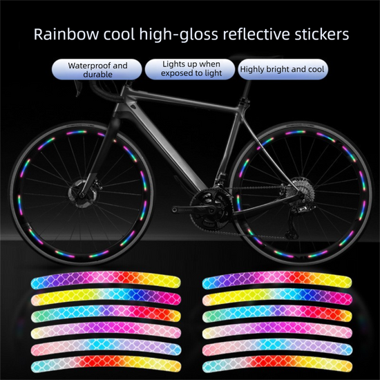Rainbow Reflective Wheel Stickers - 20 Piece Long Strip Sticker Sheet for Bicycle Bike Rim Decoration, Motorcycle and E-Bike Accessories