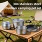 3-Piece Food Grade Stainless Steel Camping Cookware Set with 1.6L Kettle, Large Stew Pot and Large Frying Pan - Hangable and Foldable, Compact Nesting Storage, Anti Scald Wrapped Handle