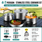 4-Piece Food Grade Stainless Steel Camping Cookware Set with 1.1L Kettle, Medium / Large Stew Pot and Large Frying Pan - Hangable and Foldable, Compact Nesting Storage, Anti Scald Wrapped Handle