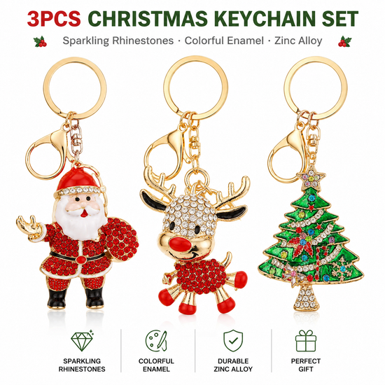 3 PCS Rhinestone Christmas Keychain Set - Zinc AlloyEnamel Santa Claus, Cute Reindeer and Christmas Tree Bag Charm Key Ring Pendant Accessories for Christmas Gifts & DIY Deco