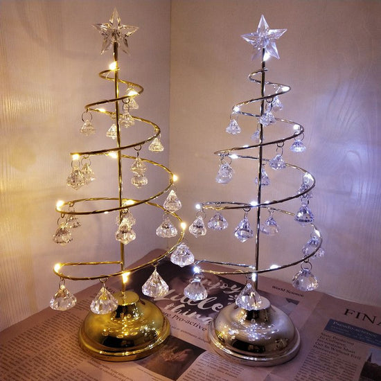 2 Pack Gold & Silver Iron Spiral Crystal Christmas Tree Lamp - Elegant Battery Operated Tabletop Night Light & Ambient Accent LED for Bedroom, Living Room, Birthday & Holiday Decor