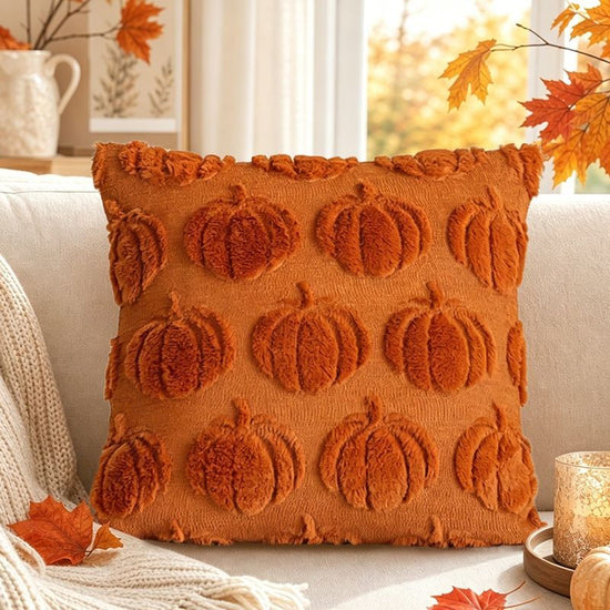 2 PCS Orange Pumpkin Embroidered Cushion Cover (45 x 45cm) - 3D Quilted Mini Pumpkin Decorative Soft Throw Pillowcase for Halloween, Thanksgiving, Sofa and Home Decor