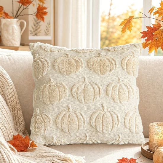 2 PCS Beige Pumpkin Embroidered Cushion Cover (45 x 45cm) - 3D Quilted Mini Pumpkin Decorative Soft Throw Pillowcase for Halloween, Thanksgiving, Sofa and Home Decor