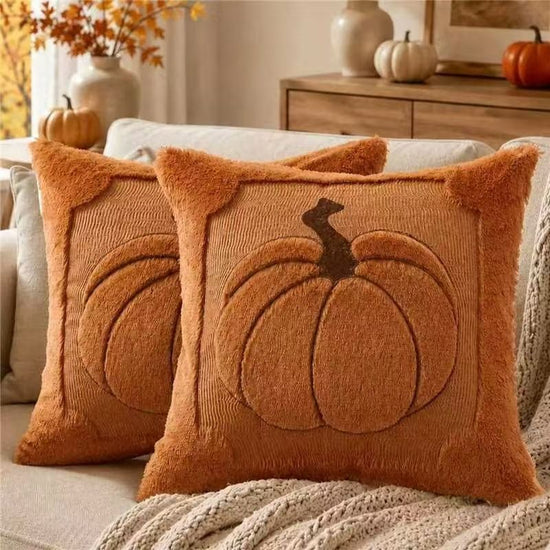 Caramel Pumpkin Embroidered Cushion (45 x 45cm) with Cotton Insert and Removable Cover - 3D Quilted Bow Pumpkin Throw Pillow for Halloween, Thanksgiving and Sofa Decor