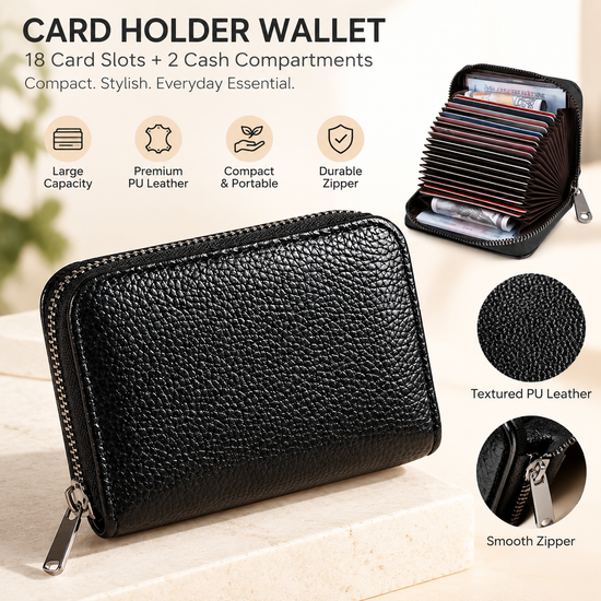 Litchi Grain Black Accordion Card Holder Wallet (18 Card Slots & 2 Coin Pockets) - Compact Multifunctional PU Card Organiser with Oxford Cloth Lining for Cards, Licence and Coins