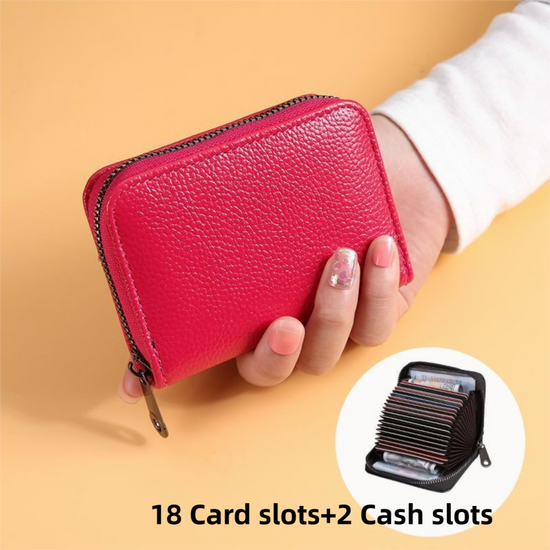 Litchi Grain Rose Red Accordion Card Holder Wallet (18 Card Slots & 2 Coin Pockets) - Compact Multifunctional PU Card Organiser with Oxford Cloth Lining for Cards, Licence and Coins