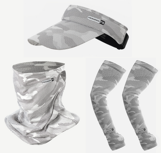 3 Pieces Camo White Outdoor Sun Protection Set — Unisex Open Top Visor Hat, Cooling Face Mask & UV Arm Sleeves, UPF50+ Ice Silk Breathable for Cycling Fishing