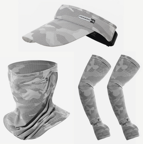 3 Pieces Camo Light Grey Outdoor Sun Protection Set — Unisex Open Top Visor Hat, Cooling Face Mask & UV Arm Sleeves, UPF50+ Ice Silk Breathable for Cycling Fishing