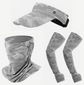 3 Pieces Camo Light Grey Outdoor Sun Protection Set — Unisex Open Top Visor Hat, Cooling Face Mask & UV Arm Sleeves, UPF50+ Ice Silk Breathable for Cycling Fishing