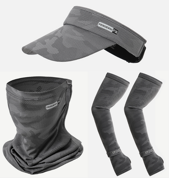 3 Pieces Camo Dark Grey Outdoor Sun Protection Set — Unisex Open Top Visor Hat, Cooling Face Mask & UV Arm Sleeves, UPF50+ Ice Silk Breathable for Cycling Fishing