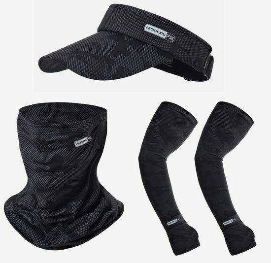 3 Pieces Camo Black Outdoor Sun Protection Set — Unisex Open Top Visor Hat, Cooling Face Mask & UV Arm Sleeves, UPF50+ Ice Silk Breathable for Cycling Fishing
