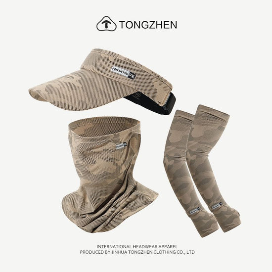 3 Pieces Camo Khaki Outdoor Sun Protection Set — Unisex Open Top Visor Hat, Cooling Face Mask & UV Arm Sleeves, UPF50+ Ice Silk Breathable for Cycling Fishing