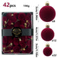 42 Piece Wine Red Flocked Christmas Baubles Set - Velvet Finish Tree Ornaments in 3 Sizes with Hanging Loops, Lightweight Festive Decorations in Gift Box