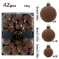 42 Piece Coffee Flocked Christmas Baubles Set - Velvet Finish Tree Ornaments in 3 Sizes with Hanging Loops, Lightweight Festive Decorations in Gift Box