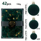 42 Piece Dark Green Flocked Christmas Baubles Set - Velvet Finish Tree Ornaments in 3 Sizes with Hanging Loops, Lightweight Festive Decorations in Gift Box