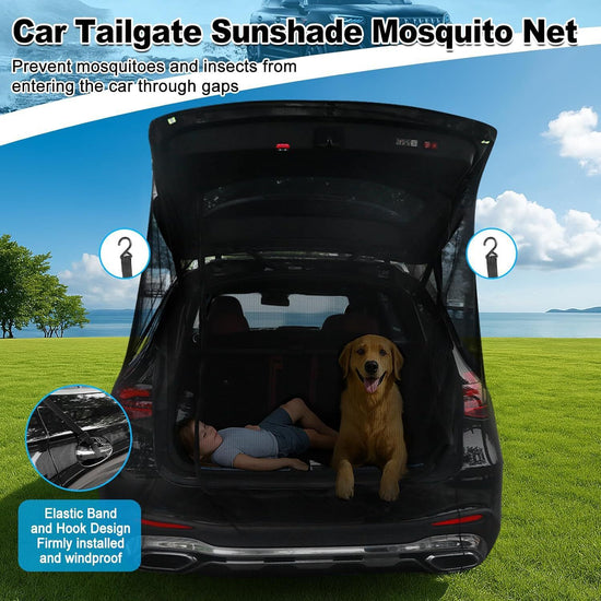 160 x 195CM Car Tailgate Sunshade Mosquito Net with Zipper, Fixed Band / Hooks and Storage Bag - Extra Large Breathable Mesh Rear Hatch Screen for SUV MPV Van Camping & Road Trips