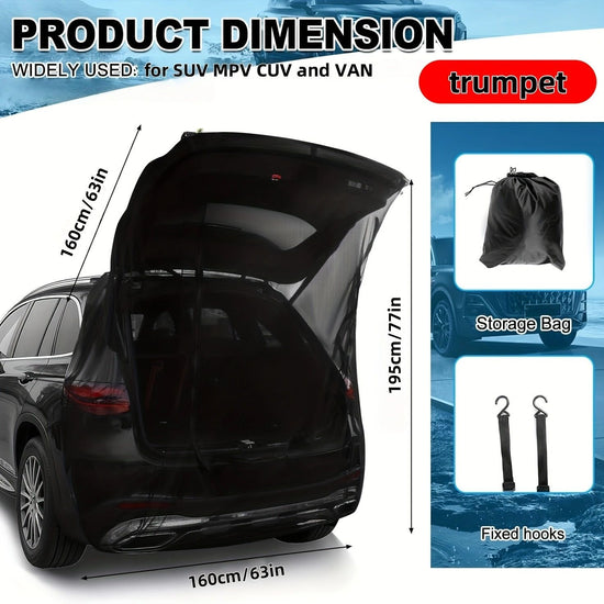 160 x 195CM Car Tailgate Sunshade Mosquito Net with Zipper, Fixed Band / Hooks and Storage Bag - Extra Large Breathable Mesh Rear Hatch Screen for SUV MPV Van Camping & Road Trips