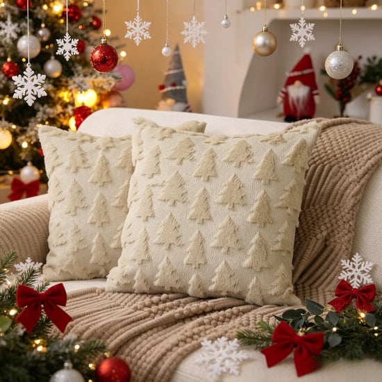 White Christmas Tree Pillow Covers 2 Packs - Soft Faux Fur Jacquard Throw Cushion Covers 45 x 45cm